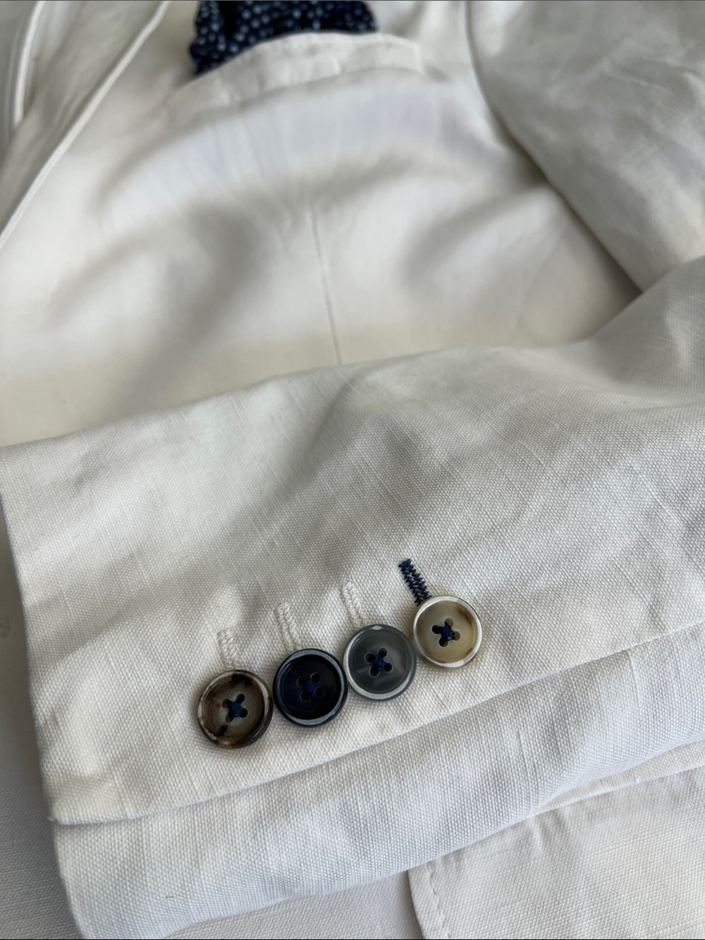 SAND, White Cotton & Linen Blazer with Navy Polka Dot Trim - Picture 8 of 14